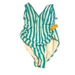 NWT Kona Sol Aqua and White Striped One Piece Swimsuit